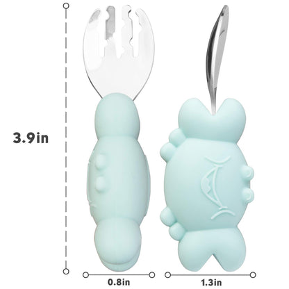 Silicone Suction Plate for Toddlers with Fork Spoon Set - Self Feeding Training Divided Plate Dish and Bowl for Baby and Toddler, Fits for Most Highchairs Trays (Cyan)