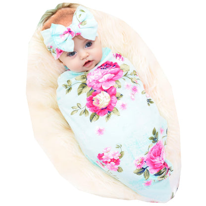 Galabloomer Newborn Receiving Blanket Headband Set Baby Flower Swaddle (vintage flower)