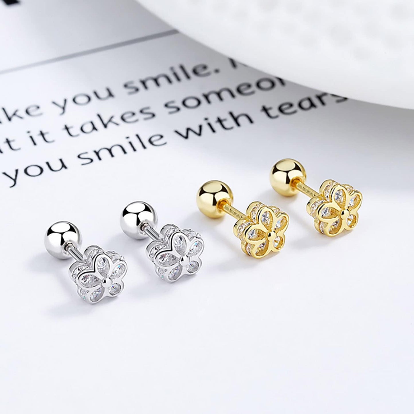 18K Gold Plated Sterling Silver Cubic Zirconia Screw Back Small Trendy Dainty Cute Flower Stud Earrings for Women with Jewelry Rose Box