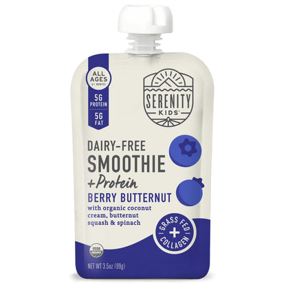 Serenity Kids 6+ Months Dairy-Free Smoothie Baby Food | USDA Organic | Grass Fed Collagen Protein | 3.5 Ounce BPA-Free Pouch | Berry Butternut | 12 Count