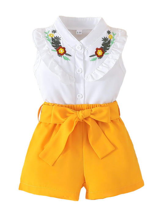 SUREPOCH Baby Girl Clothes Toddler Summer Embroidery Short Shirt Pant Girl Outfit Sleeveless Top Clothes Set