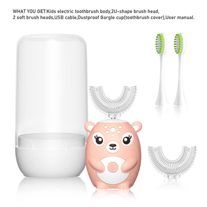Kids Electric Toothbrush U Shaped Toddler Auto Sonic Toothbrushes with 5 Brush Head,Cartoon Dinosaur Ultrasonic Toothbrushes for Children 2-12 Years,360° Full Mouth Cleaning Automatic