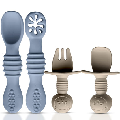 4pc Silicone Baby Spoons Self Feeding Baby Utensils 6-12 Months - 3 Baby Spoon - 1 Baby Fork - Toddler Cutlery Set - BPA Free, Dishwasher Safe, Baby Eating Essentials (Light pink/Army Green)