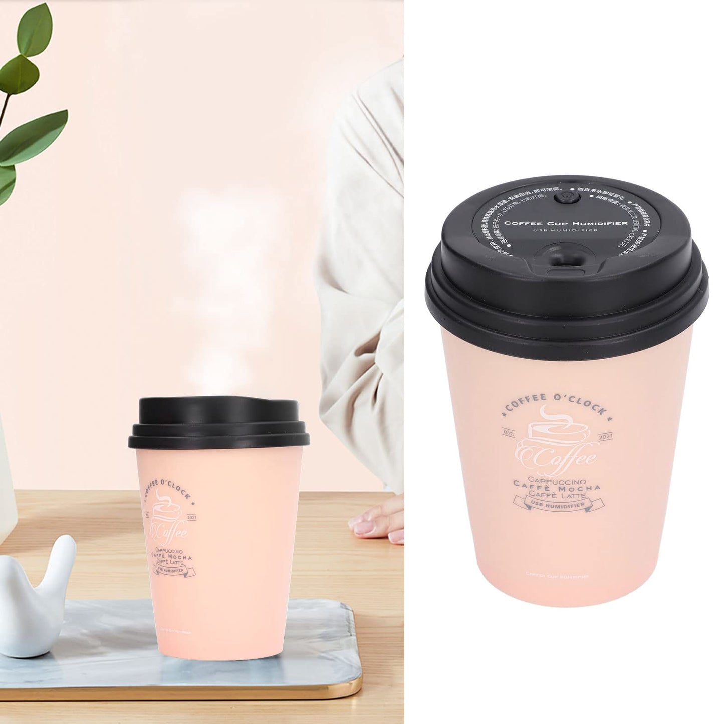 Humidifiers for Bedroom, 300ml Cool Mist Humidifiers, USB Mini Cute Coffee Cup Humidifier, Car Humidifier, Pink Desk Humidifier, Small Humidifier, Low Noise, Auto Shut-Off for Car, Plant, Office(Pink)