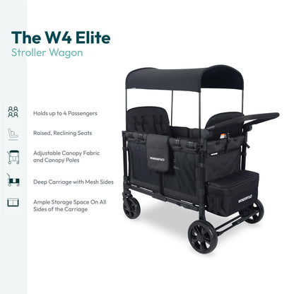 WONDERFOLD W4 Original Stroller Wagon (4 Seater) - Collapsible Wagon Stroller with Seats with 5-Point Harnesses, Easy Access Zipper Door, and Removable Sun Canopy, Black