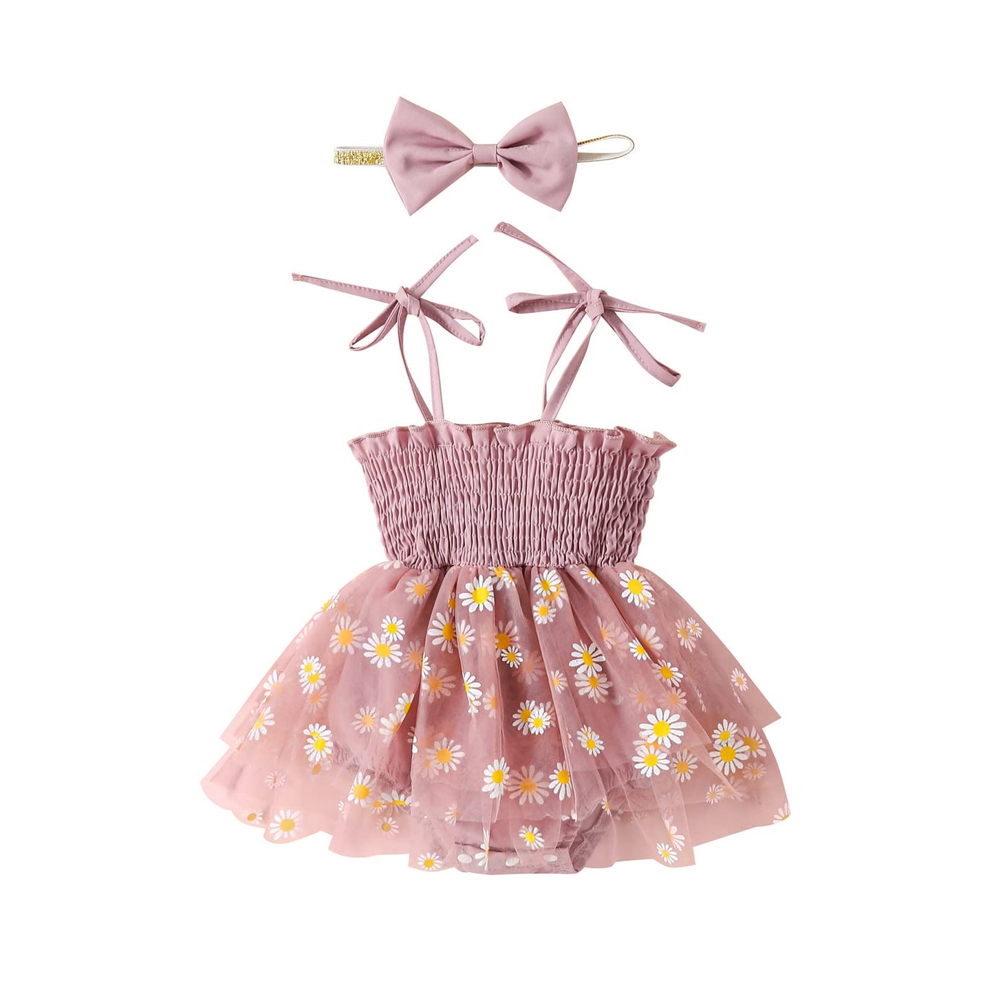 MERSARIPHY Newborn Baby Girl Summer Outfit Sleeveless Ruffle Smocked Halter Tulle Romper Dress One-piece Jumpsuit Clothes