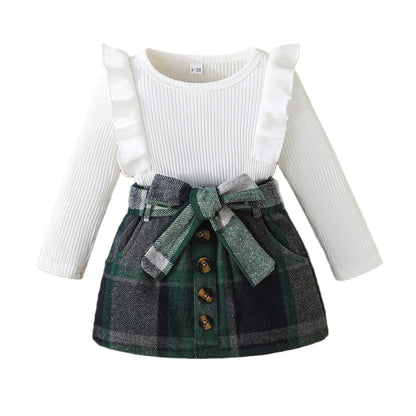 Noubeau Toddler Baby Girls Plaid Outfits Knit Ribbed Sweatshirt Shirt Tops Red Plaid Belt Skirt Fall Winter Clothes