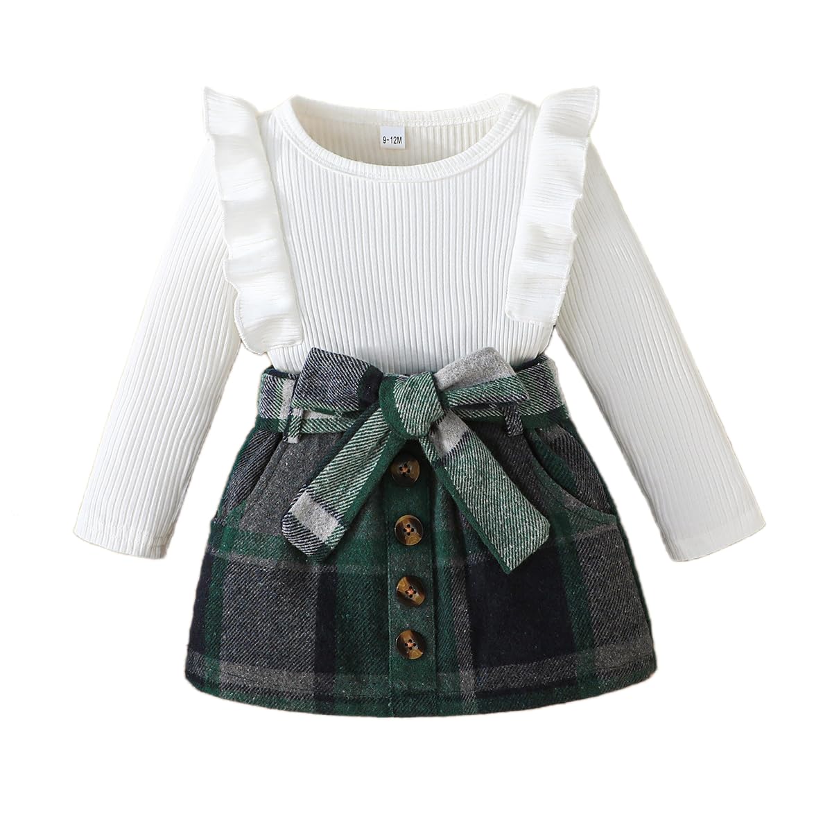 Noubeau Toddler Baby Girls Plaid Outfits Knit Ribbed Sweatshirt Shirt Tops Red Plaid Belt Skirt Fall Winter Clothes