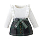 Noubeau Toddler Baby Girls Plaid Outfits Knit Ribbed Sweatshirt Shirt Tops Red Plaid Belt Skirt Fall Winter Clothes