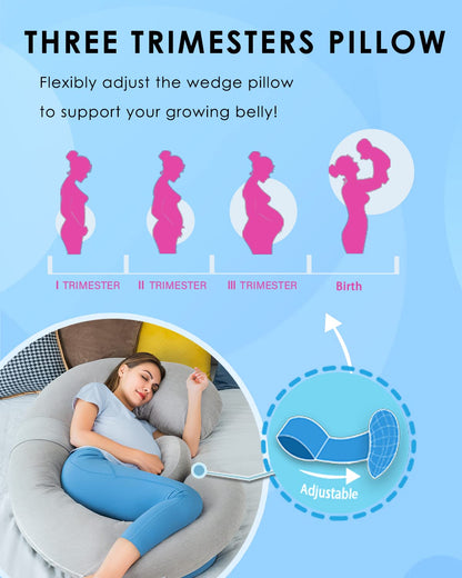 QUEEN ROSE Cooling Pregnancy Pillows,E Shaped Full Body Pillow for Sleeping, with Pregnancy Wedge Pillow for Belly Support, 60 Inch Maternity Pillow for Side Sleeper, Cooling Rayon Cover, Purple