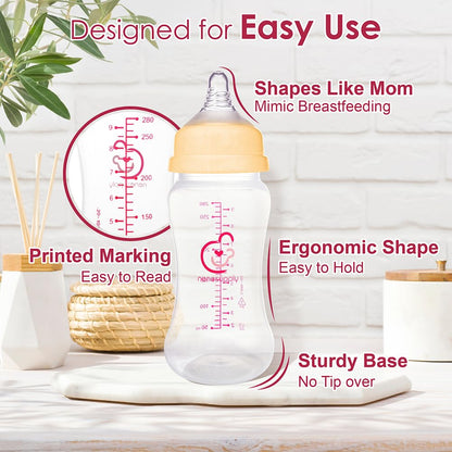Nenesupply Natural Baby Bottles Newborn Feeding Bottles Slow Flow Breastfeeding Bottle for Breastfed Babies Wide Neck 9oz Anti Colic Level 2 Nipple for 1+ Month Infant Replace Spectra Bottle Pumping