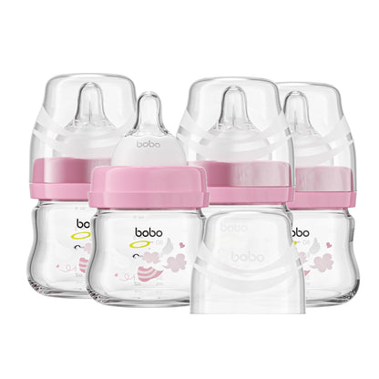 YOHKOH Glass Baby Bottles with Slow Flow Nipple, Newborn Anti-Colic Baby Bottles for 0+ Months, Wide Neck Feeding Bottle, Clear (Red, 2.7oz (Pack of 2))