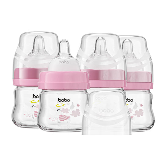 YOHKOH Glass Baby Bottles with Slow Flow Nipple, Newborn Anti-Colic Baby Bottles for 0+ Months, Wide Neck Feeding Bottle, Clear (Red, 2.7oz (Pack of 2))