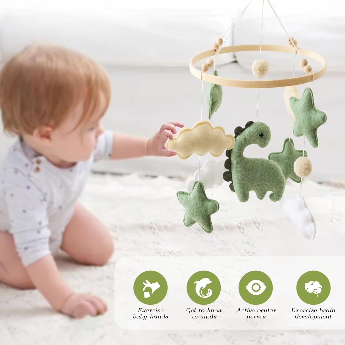 Soft Green Dinosaur Theme Baby Mobile for Crib, Simple Crib Bell for Boys and Girls,Handmade Felt Clouds Nursery Ceiling Decoration,Easy to Install Cotton Animal Charms for Bassinet