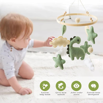 Soft Green Dinosaur Theme Baby Mobile for Crib, Simple Crib Bell for Boys and Girls,Handmade Felt Clouds Nursery Ceiling Decoration,Easy to Install Cotton Animal Charms for Bassinet