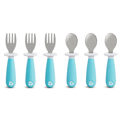 Munchkin® Raise™ Toddler Fork and Spoon Utensil Set, Rest Keeps Tip Off Table, BPA Free, 4 Pack, Blue/Green