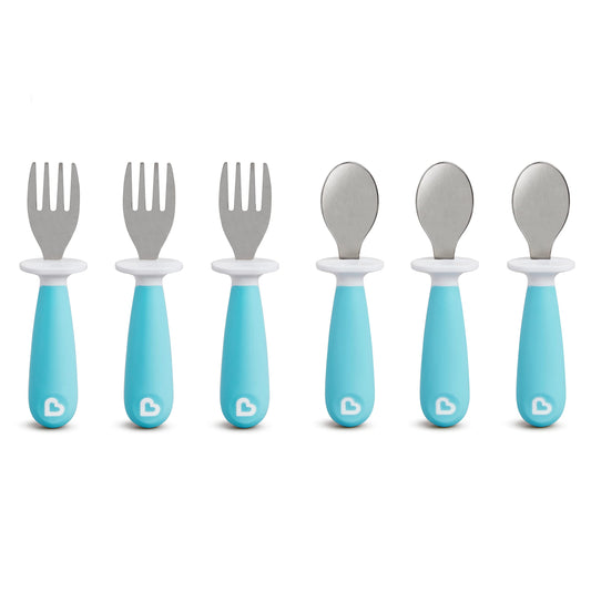 Munchkin® Raise™ Toddler Fork and Spoon Utensil Set, Rest Keeps Tip Off Table, BPA Free, 4 Pack, Blue/Green