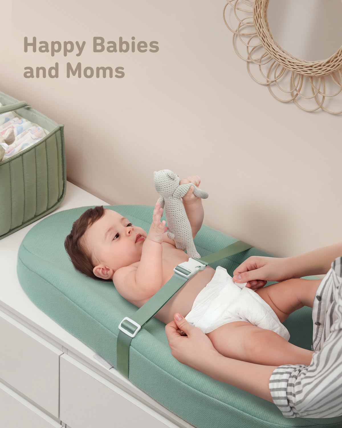 Blissful Diary Baby Changing Pad with Waterproof Lining Foam, Includes a Soft & Washable Cover, Contoured Changing Table Pads for Dresser Top with Non-Slip Bottom, 32”×16” (Grey, Avocado)