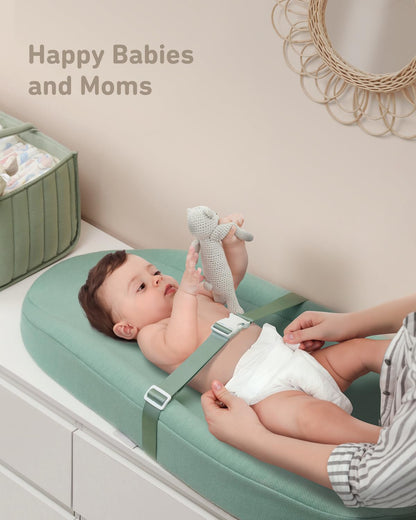 Blissful Diary Baby Changing Pad with Waterproof Lining Foam, Includes a Soft & Washable Cover, Contoured Changing Table Pads for Dresser Top with Non-Slip Bottom, 32”×16” (Grey, Avocado)