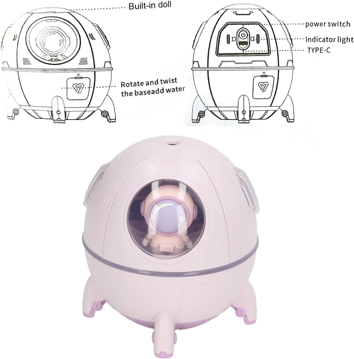 Space Capsule Humidifier USB Large Mist Volume Cute Baby Humidifier with Diffuser Night Light for Car Office Room Bedroom Home Car Desktop White (Light Purple)