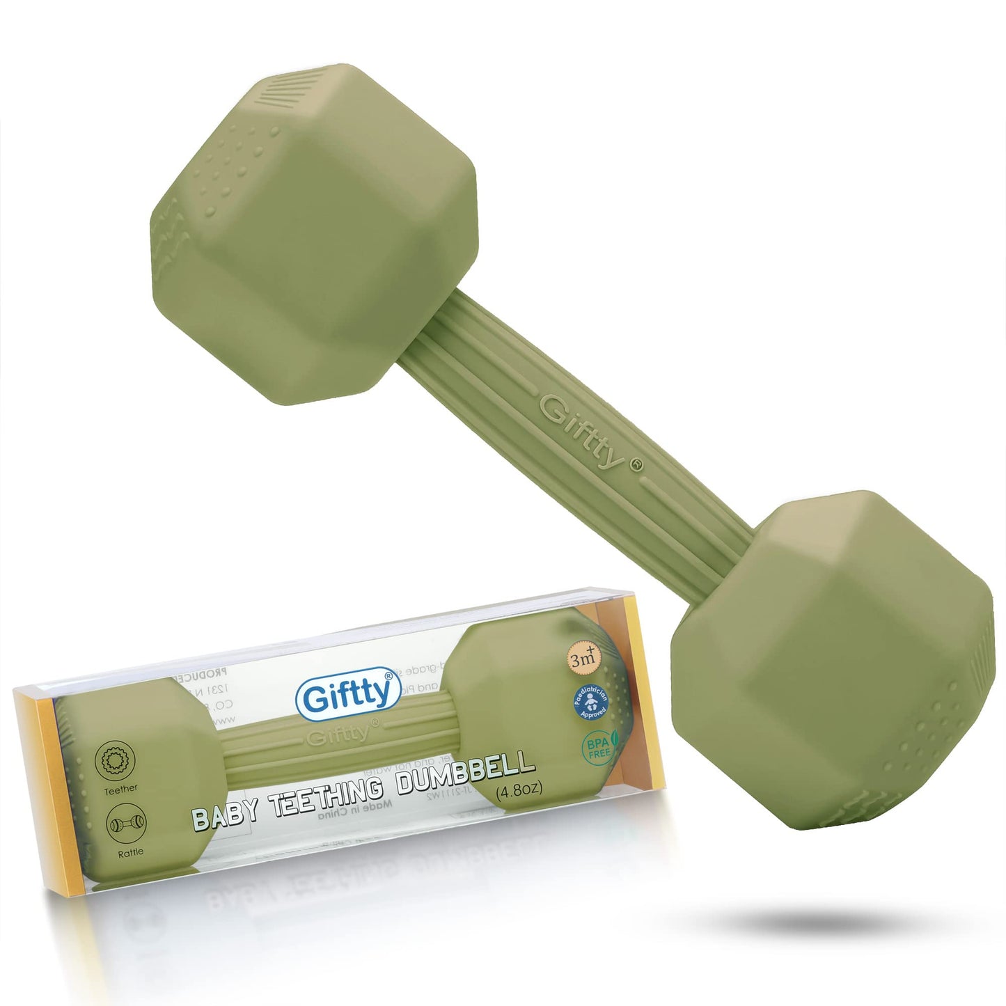 Giftty Baby Dumbbell Toy - Silicone Infant Rattle Teething Toy Teether Toddler Sensory Toy Durable Safe Exercises Workout Weight - Great Gift for Girls and Boys (1pcs 4.8oz - Gray)