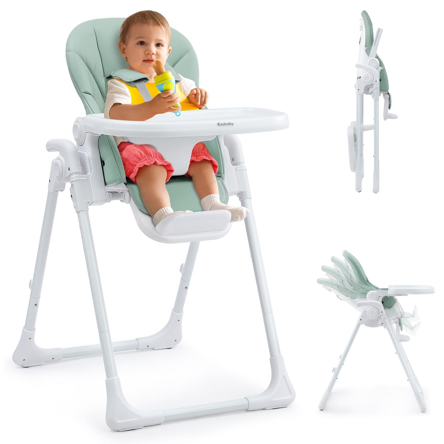 Ezebaby Foldable Baby High Chair – Portable High Chairs for Babies & Toddlers, Adjustable Height & Recline, 5-Point Harness, Removable Tray Baby Feeding Highchair