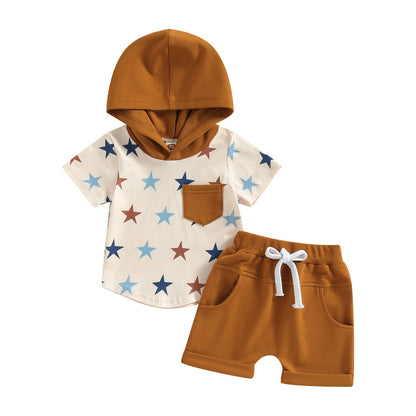 Toddler Baby Boy Summer Outfit Short Sleeve Hooded Stripes Top Casual Shorts Set Infant Newborn Clothes 6 12 18 24 Month