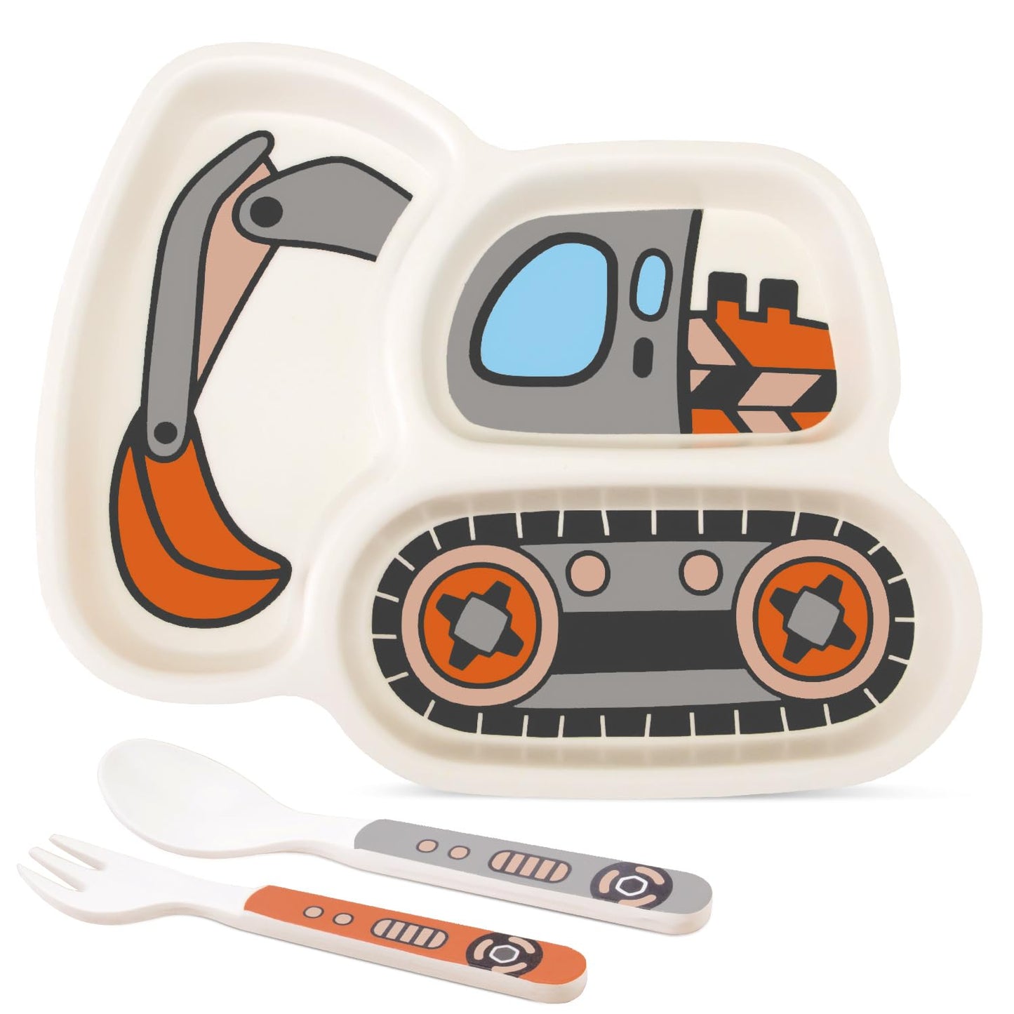 Kids Plate Set, Included Fork and Spoon 3-Piece Set - Toddler Dinnerware Dinner Dish Set - Baby Feeding Divided Plate - Child Portion Control Dish Tray (Excavators)