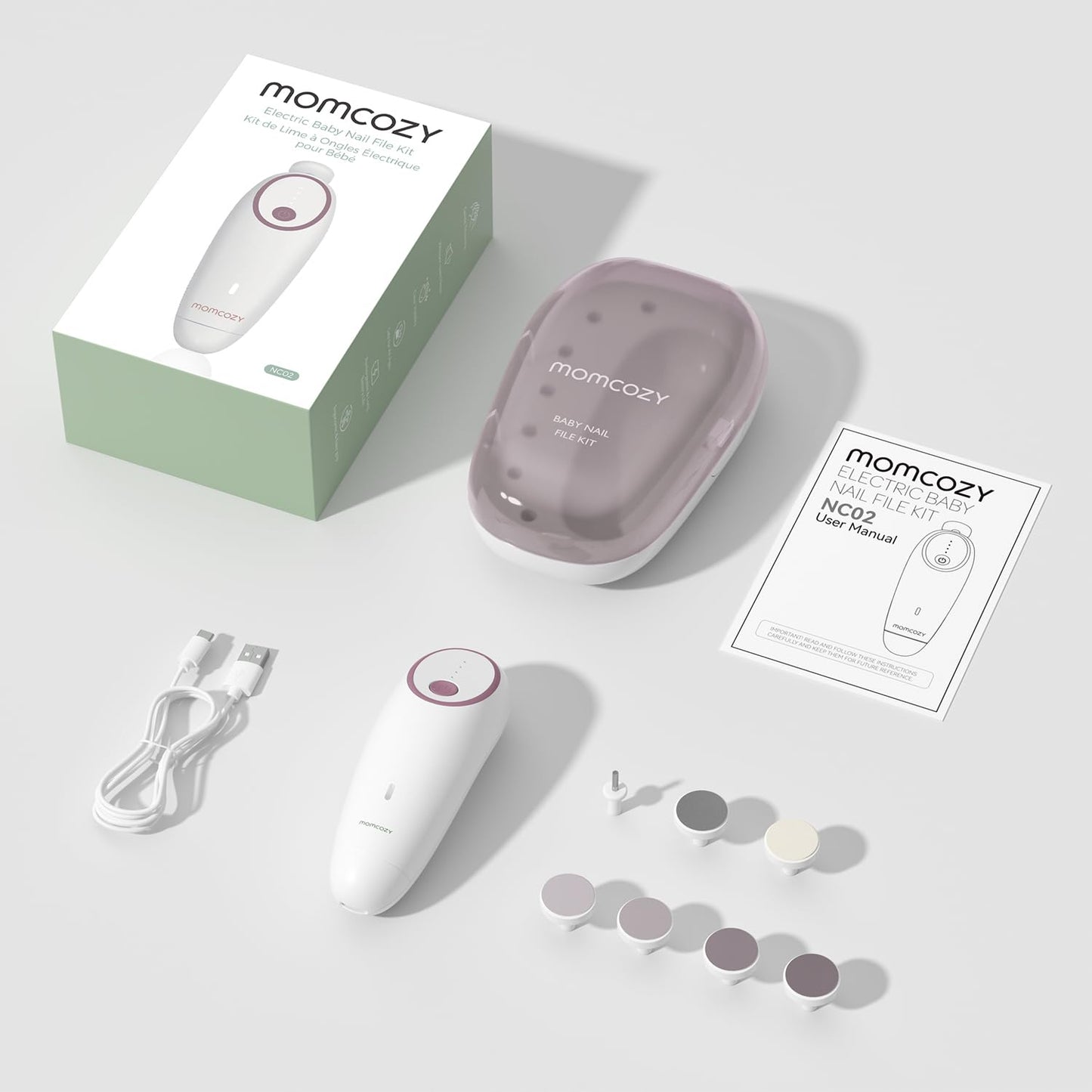 Momcozy Baby Nail File Electric, Gentle Baby Nail Trimmer Electric Rechargeable, Baby Nail Clipper Electric, 7 Grinding Head Replacement Pads