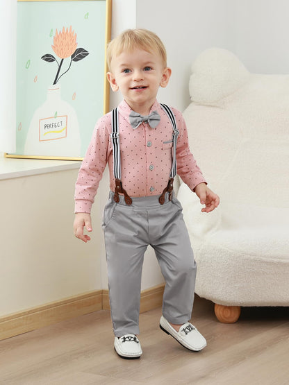 ZOEREA Baby Boy Suit 0-24M Gentleman Outfit Clothes Set Infant Long Sleeve Dress Shirt+Suspender Pants+Bowtie+Beret Hat