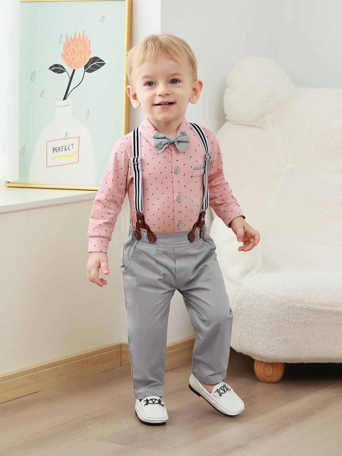 ZOEREA Baby Boy Suit 0-24M Gentleman Outfit Clothes Set Infant Long Sleeve Dress Shirt+Suspender Pants+Bowtie+Beret Hat