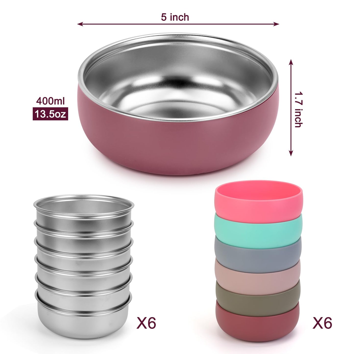 ShineMe 4 pack Baby Bowls, 5 Inches Wide Stainless Steel Bowls for Kids with Removable Colorful Silicone Sleeve, Unbreakable Toddler Bowls for Soup, Cereal, Yogurt, Snacks...