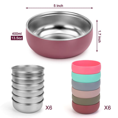 ShineMe 4 pack Baby Bowls, 5 Inches Wide Stainless Steel Bowls for Kids with Removable Colorful Silicone Sleeve, Unbreakable Toddler Bowls for Soup, Cereal, Yogurt, Snacks...