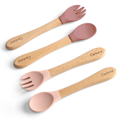 Ginbear Silicone Baby Spoons and Forks Self-feeding 12-18 Months, Soft-Tip Baby Flatware Sets, Toddler Feeding Utensils for Child, 4 Piece Set (Hazy Green/Almond)