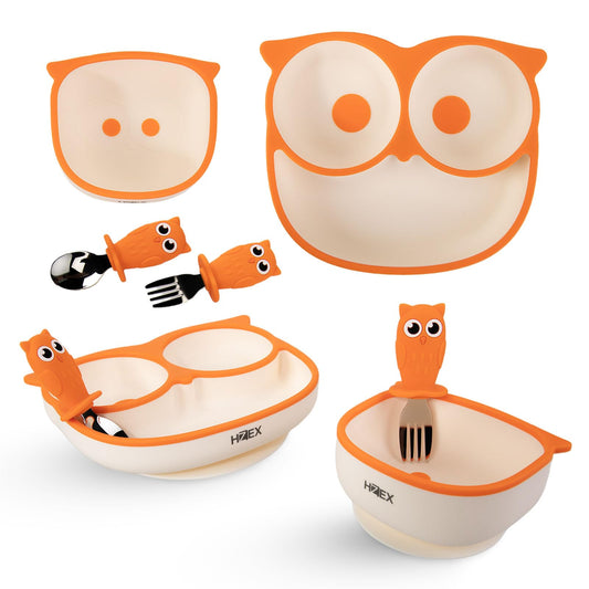 Owls Led Weaning Supplies, Toddler Silicone Feeding Set, Silicone Suction Bowls for Self Feeding, 2 Bowls, Spoon and Fork, Baby Feed Flatware and Dishwasher Safe (Green)