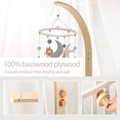 Wooden Crib Mobile Arm | Baby Crib Mobile Arm Wooden Holder | Rotatable Adjustable Anti Slip Attachment Clamp for Sturdy Mobile Hanger (Curved Arm)