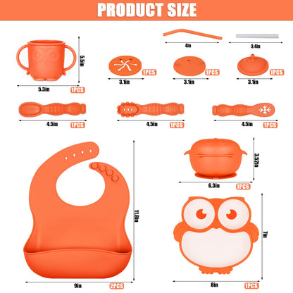 Silicone Baby Feeding Set 11 Piece, Baby Led Weaning Feeding Supplies, Strong Suction Bowl & Suction Plate, Adjustable Bibs, 4-in-1 Cup, Silicone Spoon & Fork, Food-grade Silicone (Green)