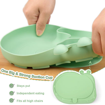 Silicone Baby Plate with Super Suction – Snail Shape 3 Compartment Toddler Food Plate Self Feeding Unbreakable Eating Supplies for Boys and Girls (Pink) (Green)
