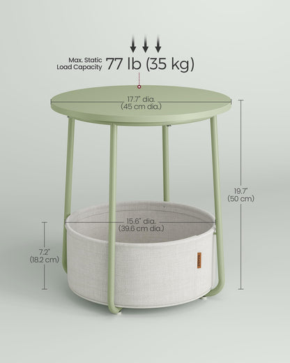 VASAGLE End Table, Small Bedside Table with Fabric Basket, Modern Nightstand, Round Side Table, for Living Room, Bedroom, Matte White and Camel Brown ULET223W10