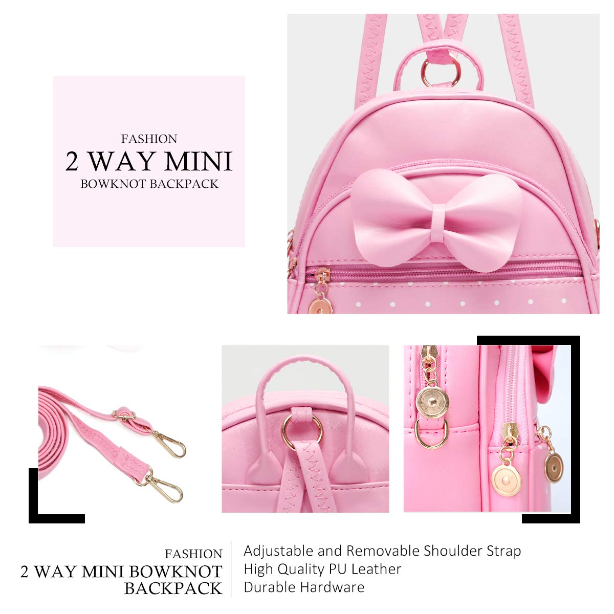 KL928 Girls Bowknot Polka Dot Cute Mini Backpack Small Daypacks Convertible Shoulder Bag Purse for Women