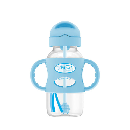 Dr. Brown's Milestones Wide-Neck Sippy Straw Bottle with 100% Silicone Handles and Weighted Straw, 9 oz/270 mL, Gray & Pink, 6m+, 2 Count (Pack of 1)