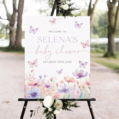 Printable Sign, Butterfly Baby Shower Welcome Sign, 12 x 18 inches to 24 x 36 inches, Corrugated Plastic, Romantic Style