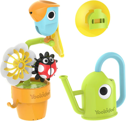 Yookidoo Watering Can Baby Bath Toy (Ages 1-3) Spinning Lady Bug & Tipping Bird Toy with 3 Moving Pieces (Mold Free) - Attaches to Tub Wall for Easy Toy Holder and Storage - for Toddler Bath Time