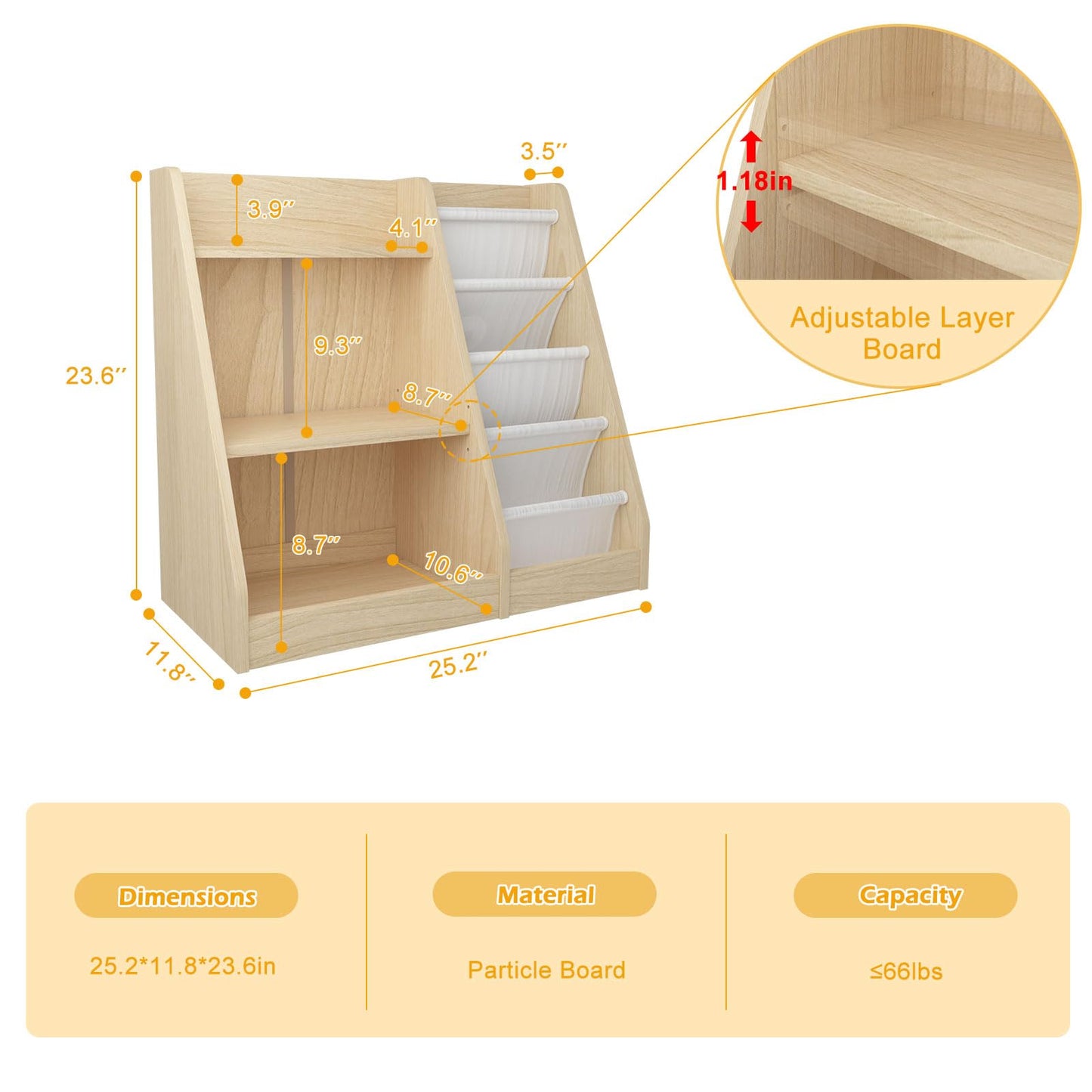White Kids Bookshelf Wood Toy Storage Organizer Cabinet Children Bookcase Toddler Baby Sling Book Rack 3 Cube Bins Fabric Drawers for Playroom Bedroom Nursery School