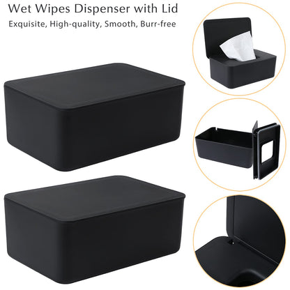 Wet Wipes Storage Box, 2 Pack Wipes Dispenser Holder Tissue Storage Boxes Case with Lid Diaper Wipes Dispenser Box Dustproof Napkin Container with Sealing Design (Black)