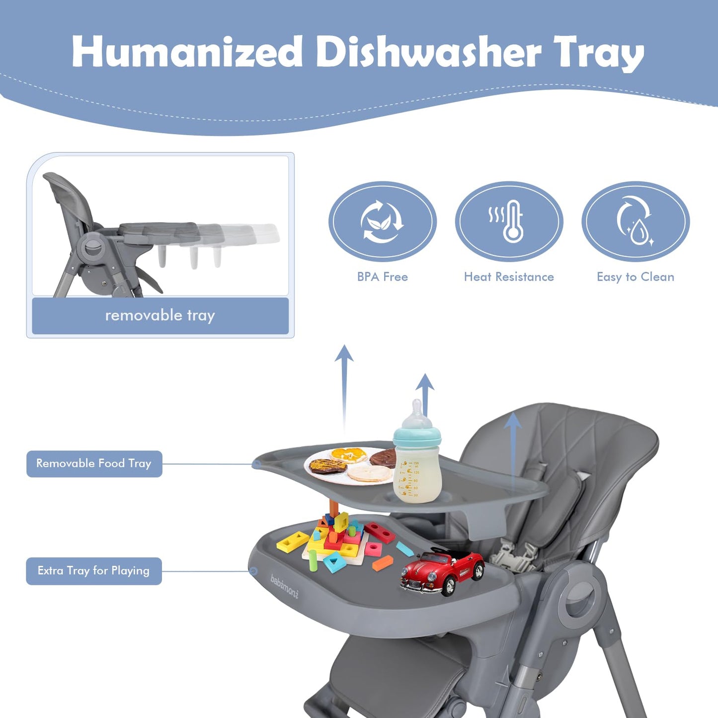 4 in 1 High Chairs for Babies and Toddlers, Convertible Foldable Baby High Chairs, Feeding and Eating Seat Highchair with 4 Levels of Recline and 7 Levels of Height Adjustment, Gray