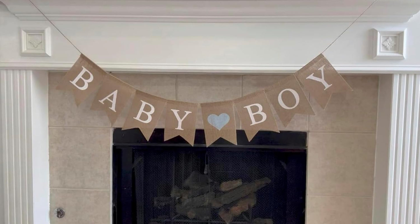 Baby Boy Burlap Banner for Baby Shower Decorations and Gender Reveal Party (Light Blue Heart)