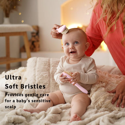 Baby Hair Brush with Soft Goat Bristles - Wooden Cradle Cap Brush for Newborns, Infants, Toddlers, and Kids - Gentle Scalp Grooming and Styling for Baby Girls and Boys (Sky)