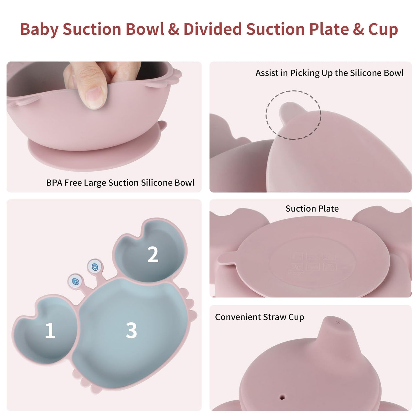 Silicone Baby Feeding Set with BPA-Free Suction Plates, Bowl, Silicone Bibs, Sippy Cup, 2 Set Forks and Spoons for Babies 8PCS Baby Led Weaning Supplies Self Feeding Utensils for Toddlers Kids (Pink)
