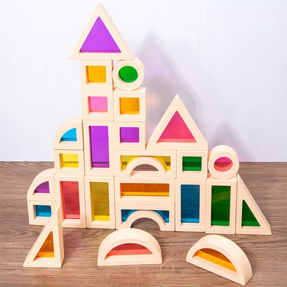 Rainbow Sensory Toys Blocks,15 Large Pcs Wooden Building Blocks for Toddlers Baby Kids,Colorful Geometric Stacking Toys, Preschool Educational Toy Set.